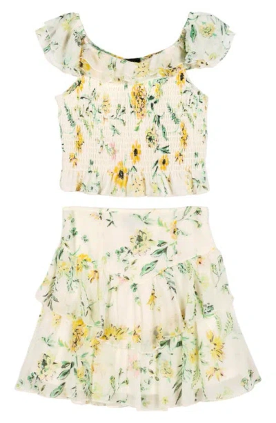Zunie Kids' Floral Chiffon Ruffle Tank & Skirt Set In White