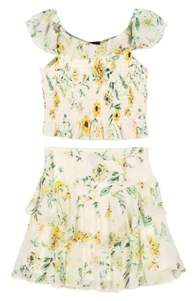 Zunie Kids' Floral Chiffon Ruffle Tank & Skirt Set In Ivory/multi