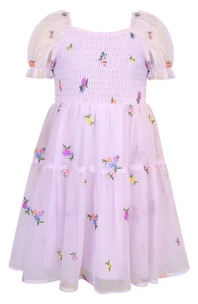 Zunie Kids' Floral Embroidered Tiered Tulle Dress In Purple