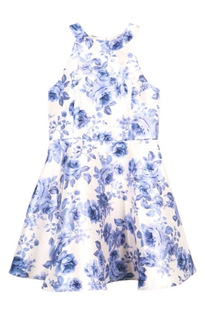 Zunie Kids' Floral Fit & Flare Party Dress In Blue/ Ivory