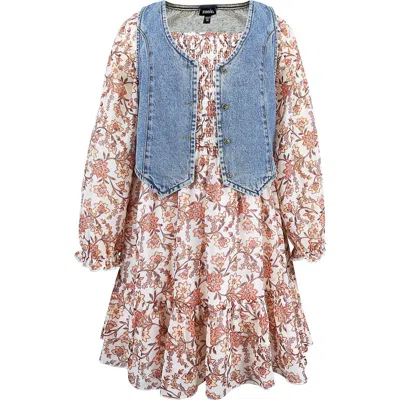 Zunie Kids' Floral Long Sleeve Dress & Denim Vest Set In Brown