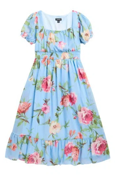Zunie Kids' Floral Puff Sleeve Dress In Blue