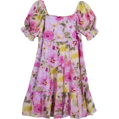 Zunie Kids' Floral Puff Sleeve Dress In Lilac