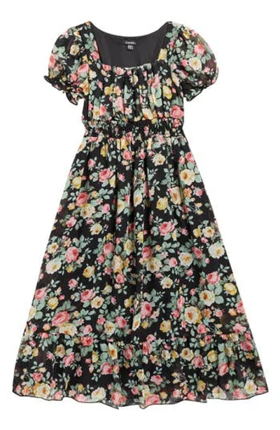 Zunie Kids' Floral Puff Sleeve Dress In Black