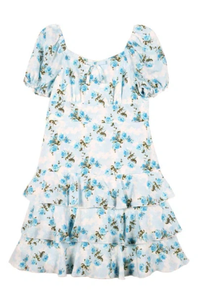 Zunie Kids' Floral Puff Sleeve Ruffle Tiered Dress In Blue Floral