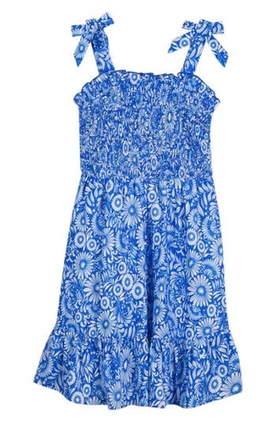 Zunie Kids' Floral Smocked Airflow Dress In Blue/white