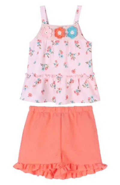 Zunie Kids' Floral Swing Top & Ruffle Shorts Set In Blush/coral