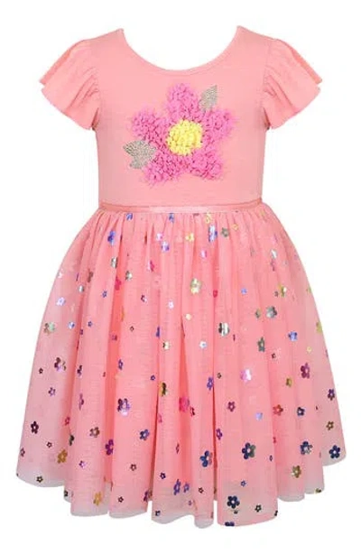Zunie Kids' Flutter Sleeve Floral Appliqué Dress In Pink