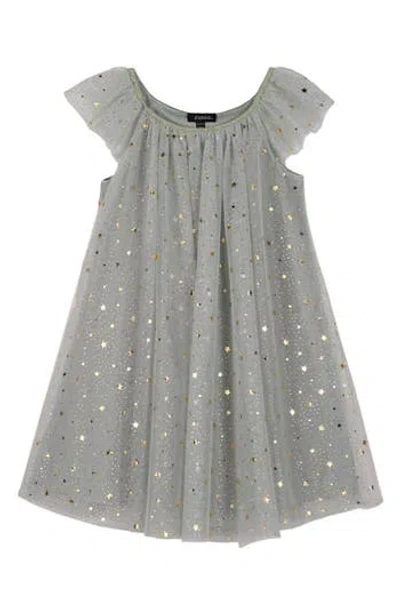 Zunie Kids' Flutter Sleeve Foil Star Dress In Sage/gold