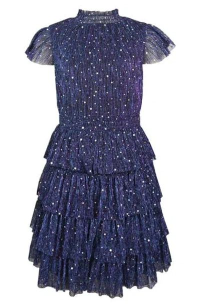 Zunie Kids' Flutter Sleeve Metallic Plissé Dress In Blue