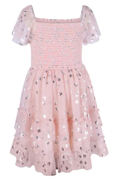 Zunie Kids' Foil Print Puff Sleeve Smocked Bodice Dress In Pink