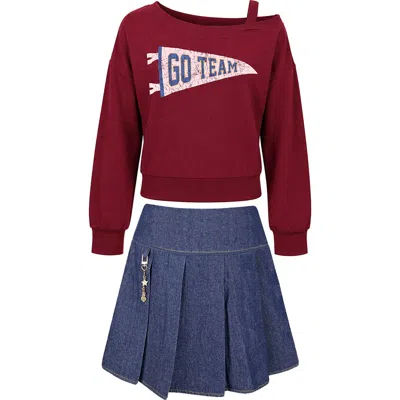 Zunie Kids' French Terry Sweatshirt & Pleated Denim Skirt Set In Red