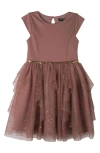 Zunie Kids' Glitter Mesh Cascade Party Dress In Mocha Rose Gold
