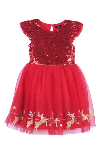 Zunie Kids' Glitter Reindeer Border Print Sequin Dress In Red