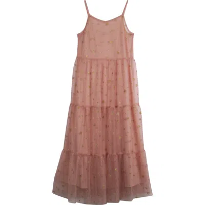 Zunie Kids' Glitter Star Mesh Maxi Dress In Ginger