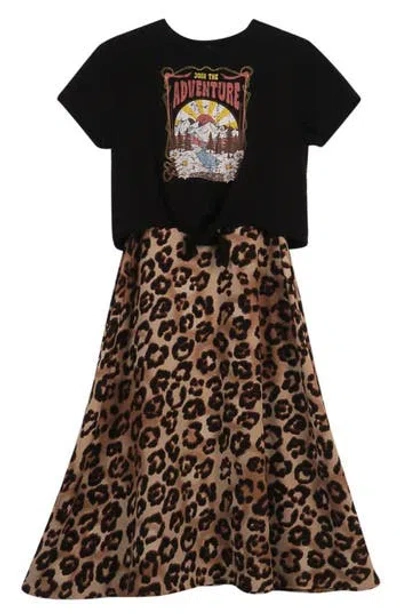 Zunie Kids' Graphic T-shirt & Leopard Skirt Set In Black/tan