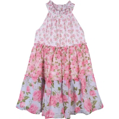 Zunie Kids' Halter Neck Tiered Floral Print Dress In Pink Multi