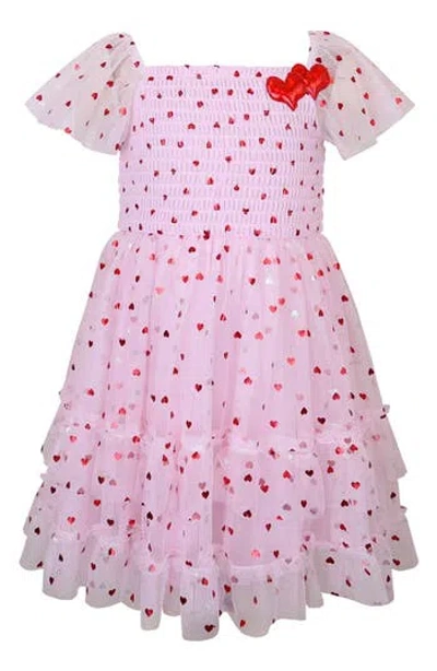 Zunie Kids' Heart Mesh Tiered Dress In Pink