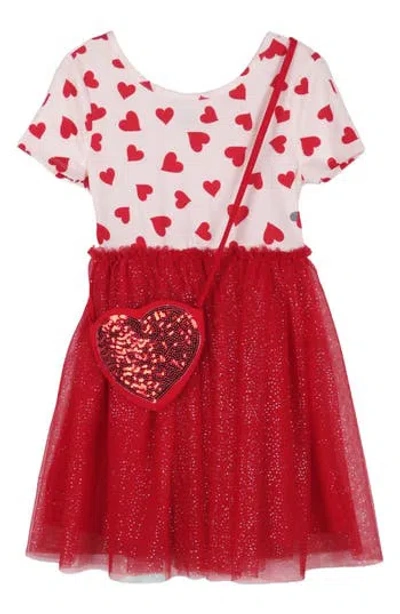 Zunie Kids' Heart Tulle Dress & Sequin Purse Set In Red/ivory