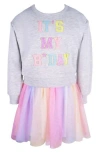 Zunie Kids' It's My B-day Long Sleeve Ombré Skirt Dress In Gray