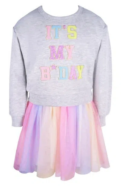 Zunie Kids' It's My B-day Long Sleeve Ombré Skirt Dress In Gray