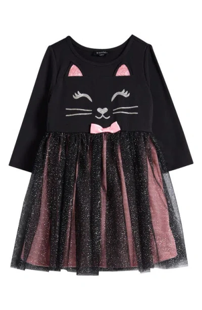 Zunie Kids' Kitty Long Sleeve Jersey & Tulle Party Dress In Black