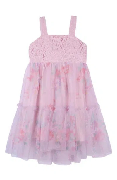 Zunie Kids' Knit Bodice Floral Mesh Skirt In Pink