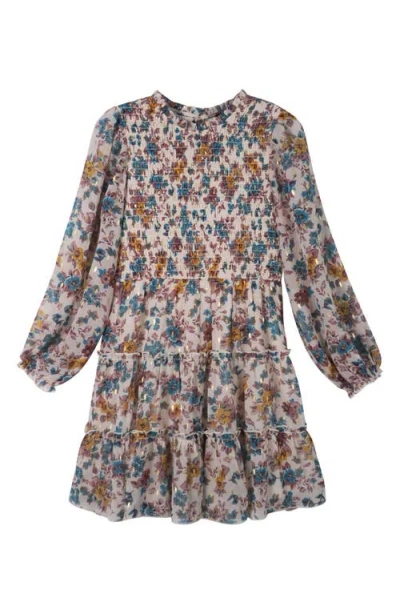 Zunie Kids' Long Sleeve Smocked Chiffon Dress In Ivory Multi