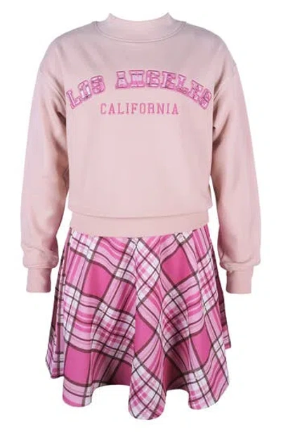 Zunie Kids' Los Angeles Sweater & Plaid Skirt Set In Pink