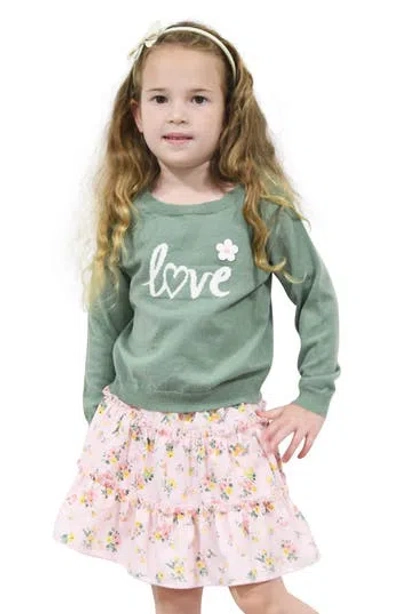 Zunie Kids' Love Sweater & Tiered Skirt Set In Sage/blush