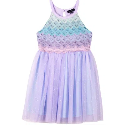 Zunie Kids' Mermaid Ombré Crochet Bodice Tulle Dress In Lilac/blue