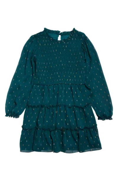 Zunie Kids' Metallic Dot Long Sleeve Tiered Dress In Emerald/gold