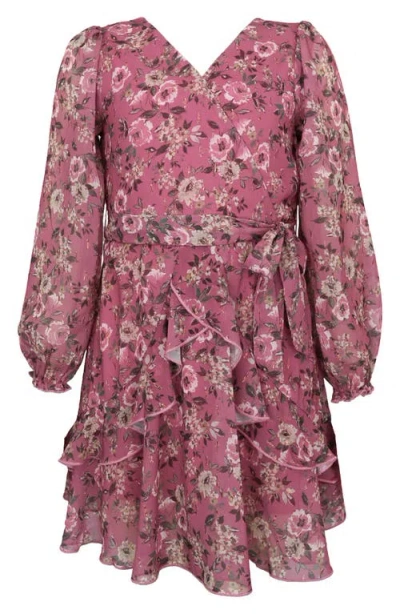 Zunie Kids' Metallic Long Sleeve Chiffon Party Dress In Pink