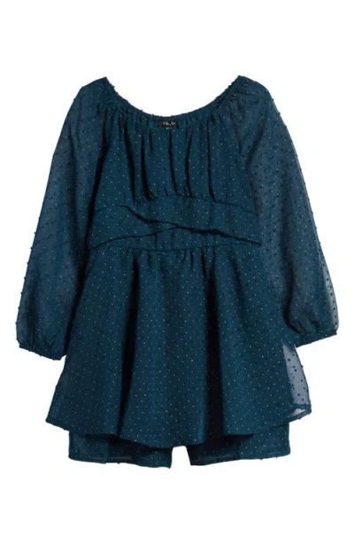 Zunie Kids' Metallic Long Sleeve Clip Dot Chiffon Party Dress In Teal