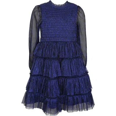 Zunie Kids' Metallic Plissé Long Sleeve Tiered Party Dress In Blue