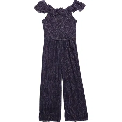 Zunie Kids' Metallic Ruffle Smocked Bodice Jumpsuit In Purple Black