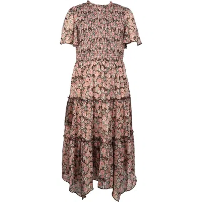 Zunie Kids' Metallic Smocked Bodice Flutter Sleeve Tiered Chiffon Maxi Dress In Brown
