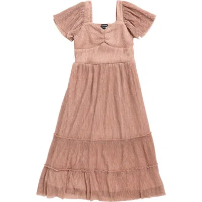 Zunie Kids' Metallic Tiered Plissé Maxi Party Dress In Brown