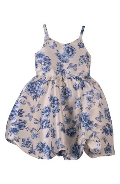 Zunie Kids' Mikado Floral Bow Back Bubble Hem Dress In Ivory/blue