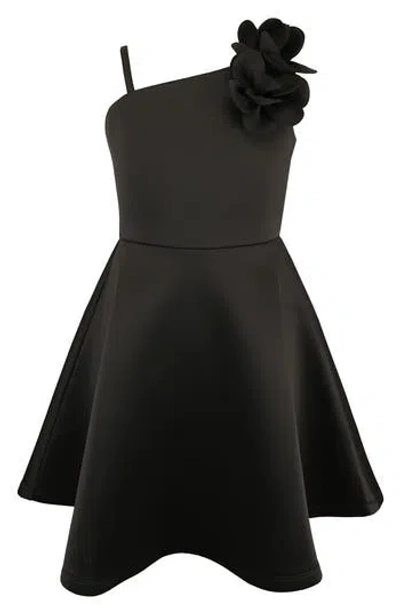 Zunie Kids' One-shoulder 3d Flower Scuba Knit Dress In Black