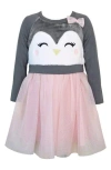 Zunie Kids' Penguin Embroidered Long Sleeve Plissé Dress In Pink