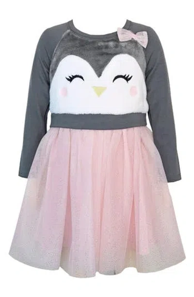 Zunie Kids' Penguin Embroidered Long Sleeve Plissé Dress In Pink