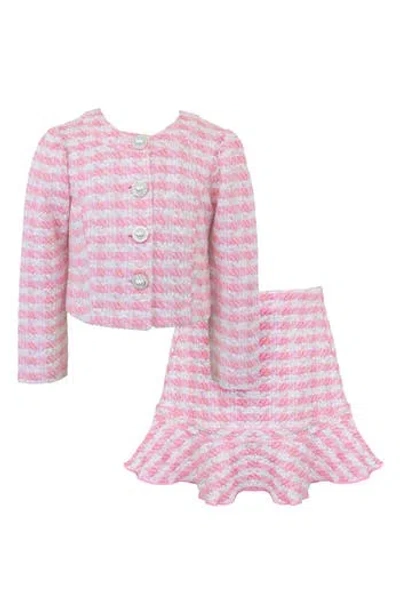 Zunie Kids' Plaid Bouclé Knit Jacket & Skirt Set In Pink