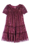 Zunie Kids' Plissé Metallic Babydoll Dress In Cranberry