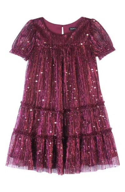 Zunie Kids' Plissé Metallic Babydoll Dress In Cranberry