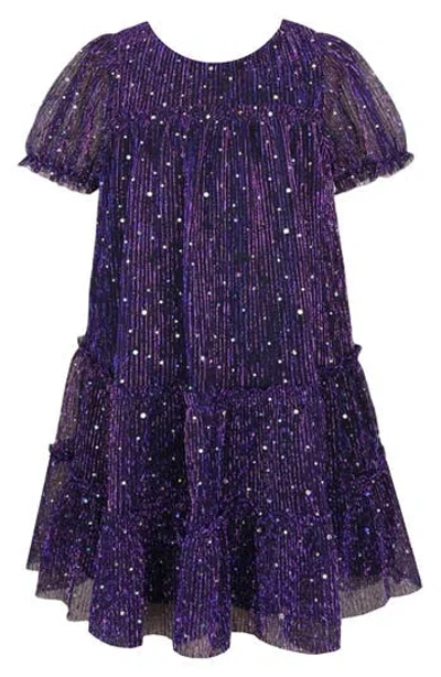 Zunie Kids' Plissé Metallic Babydoll Dress In Purple
