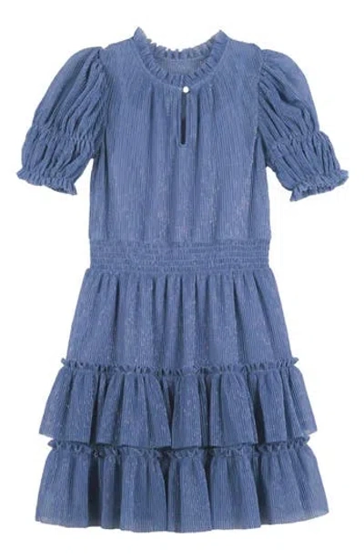 Zunie Kids' Plissé Tiered Dress In Dusty Blue