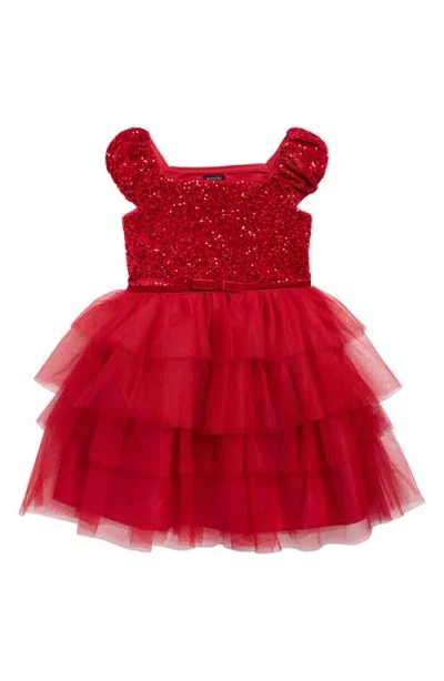 Zunie Kids' Sequin Bodice Cap Sleeve Tiered Mesh Party Dress In Red