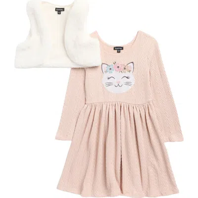 Zunie Kids' Sequin Cat Sweater Dress & Faux Fur Vest Set In Gold