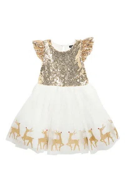 Zunie Kids' Sequin Reindeer Border Dress In White